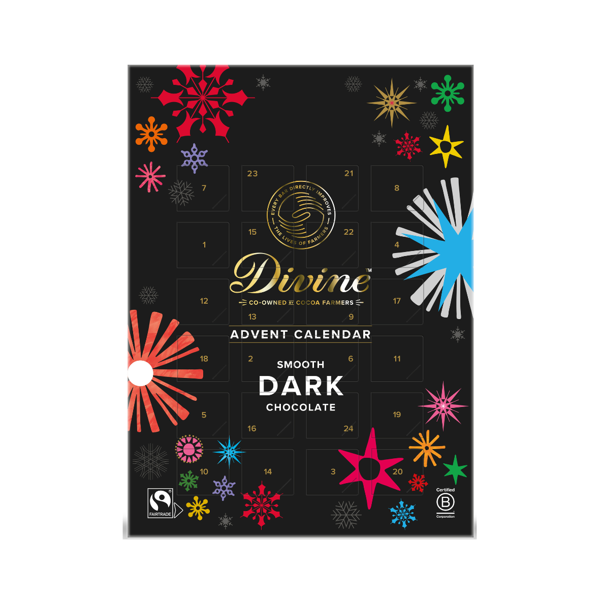 Divine Smooth Dark Chocolate Advent Calendar with colorful snowflakes on a black background