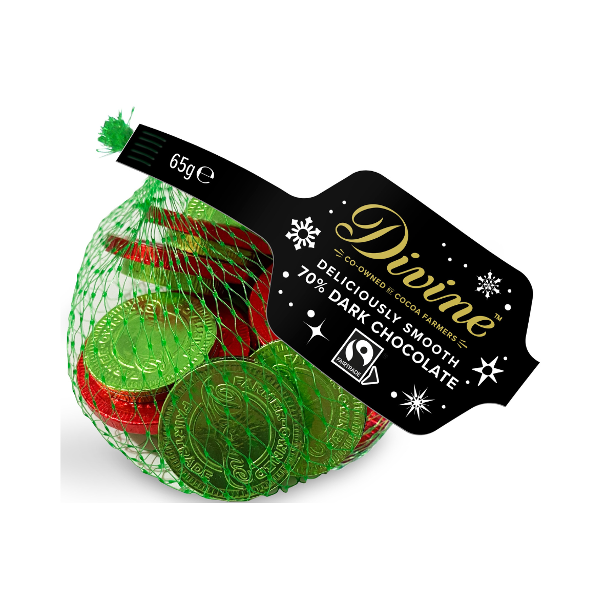 Bag of Divine dark chocolate coins with a visible brand label.