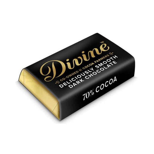 Divine dark chocolate mini bar packaging with gold and black design on a white background