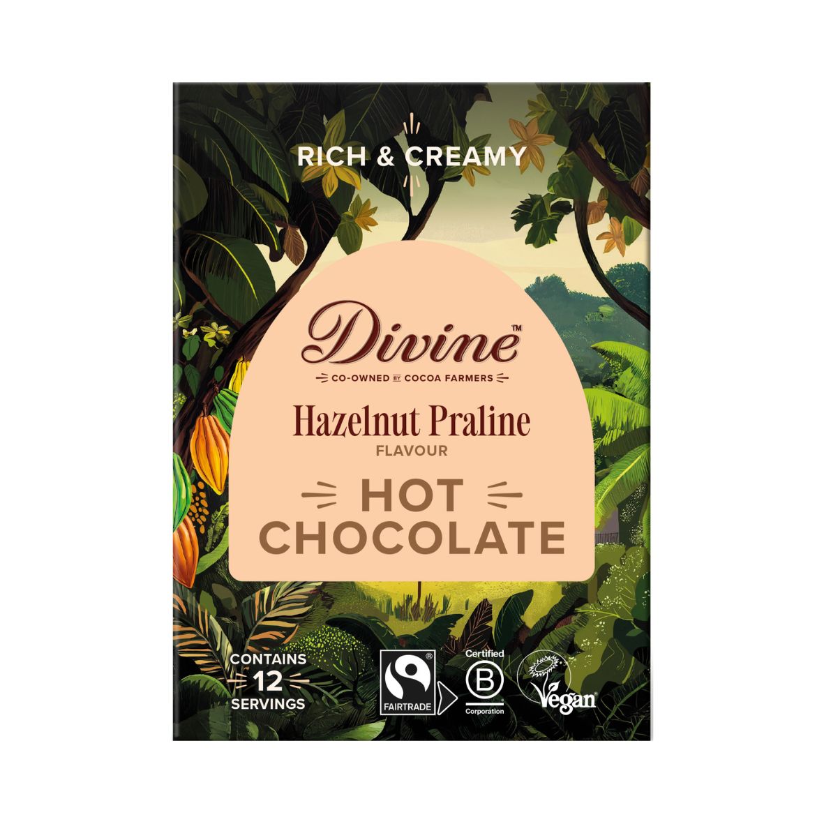 Divine Hazelnut Praline Hot Chocolate packaging with a jungle design