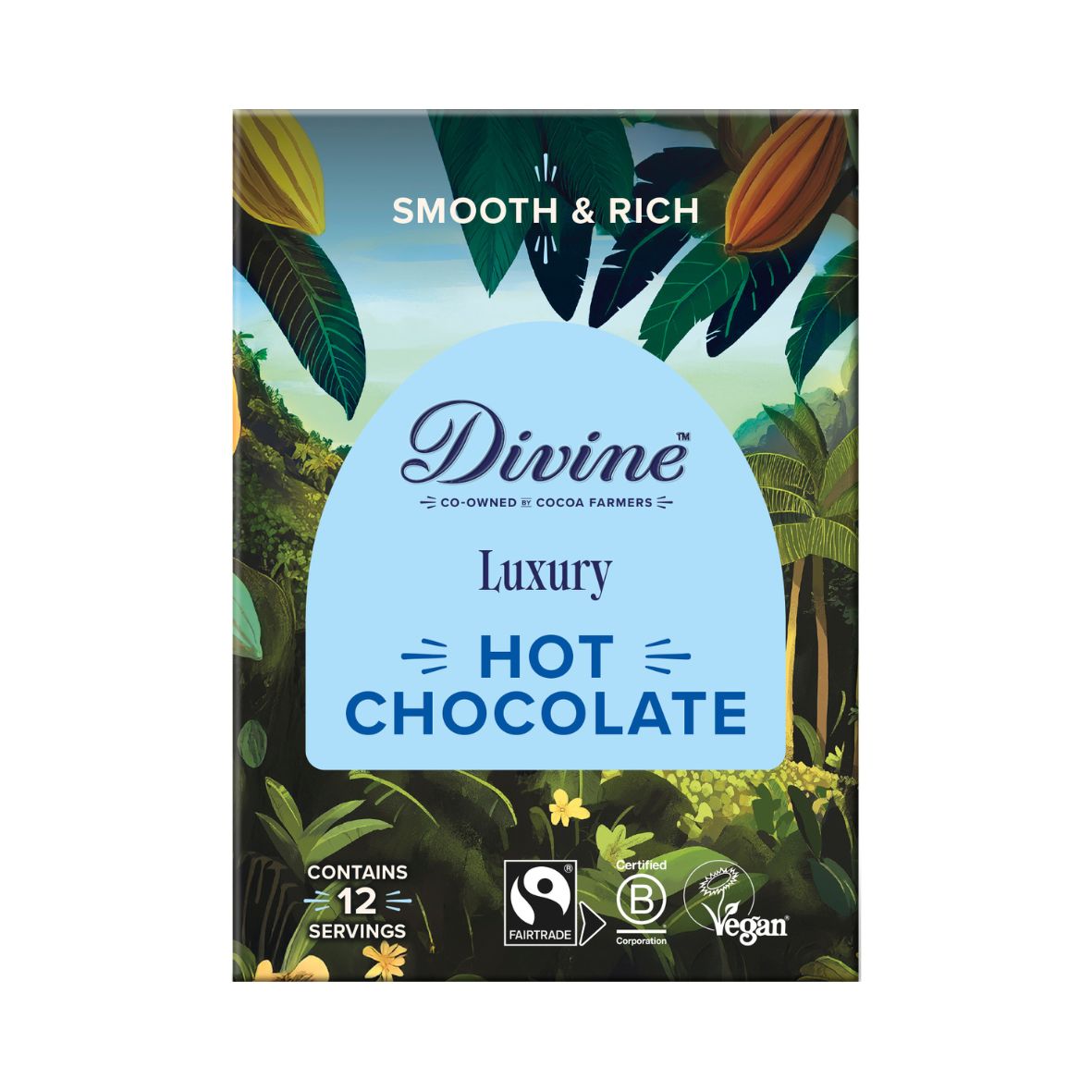 Divine Luxury Hot Chocolate packaging with tropical design and branding elements.