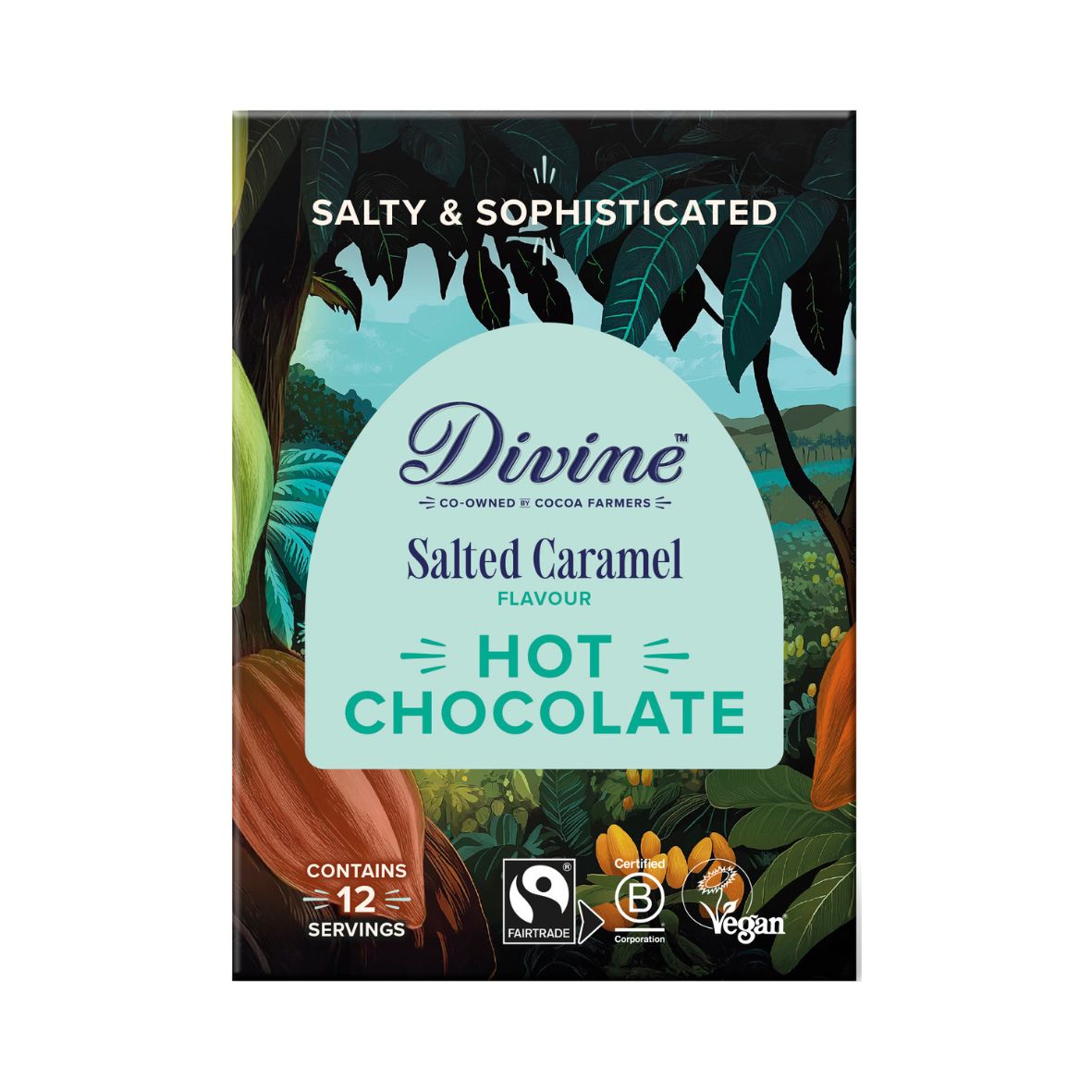 Divine Salted Caramel Hot Chocolate packaging with a tropical design on a white background