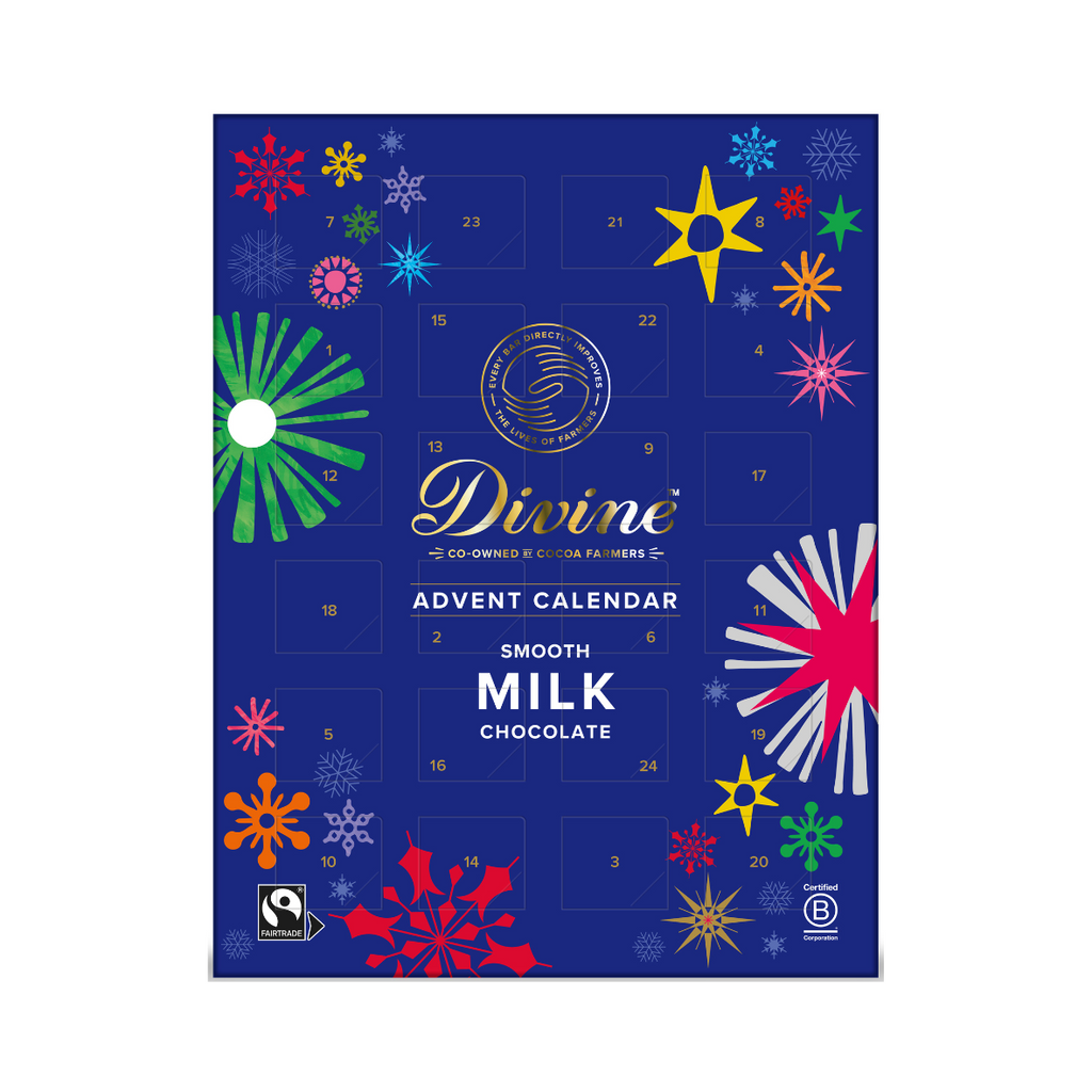 Divine chocolate advent calendar with colorful design on a blue background