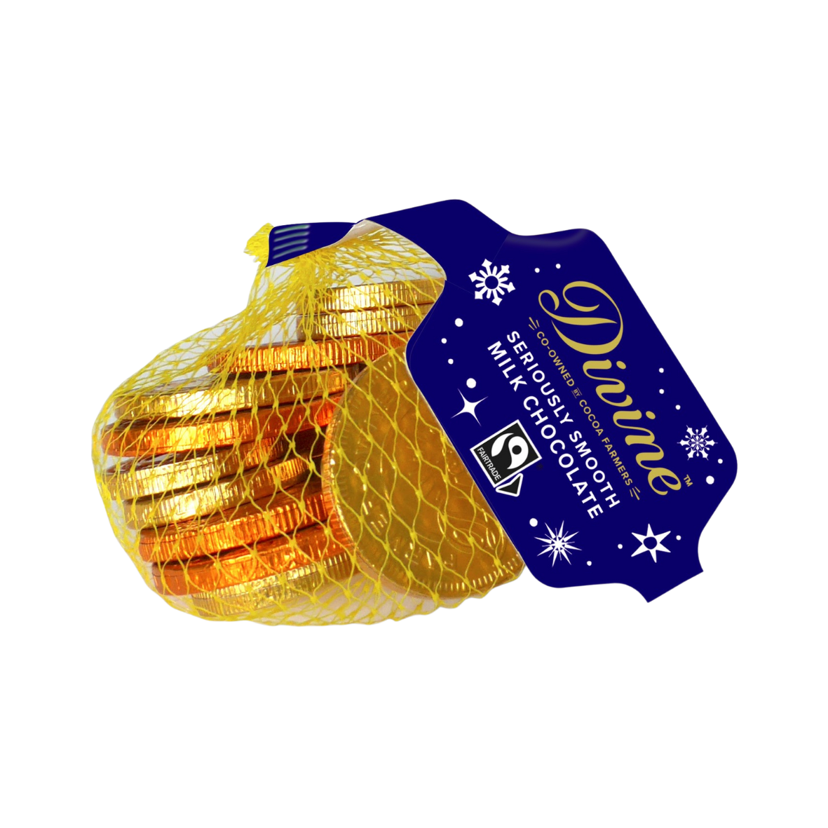 Bag of Divine milk chocolate coins with a visible brand label.
