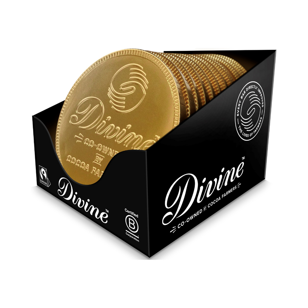 Box of Divine giant chocolate coins with gold coin on a white background.