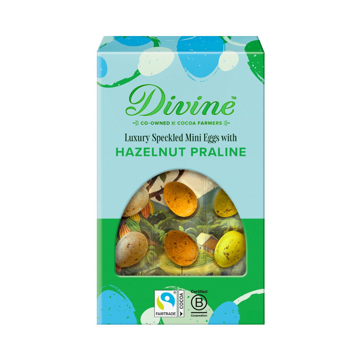 Box of Divine Luxury Speckled Mini Eggs with Hazelnut Praline on a white background