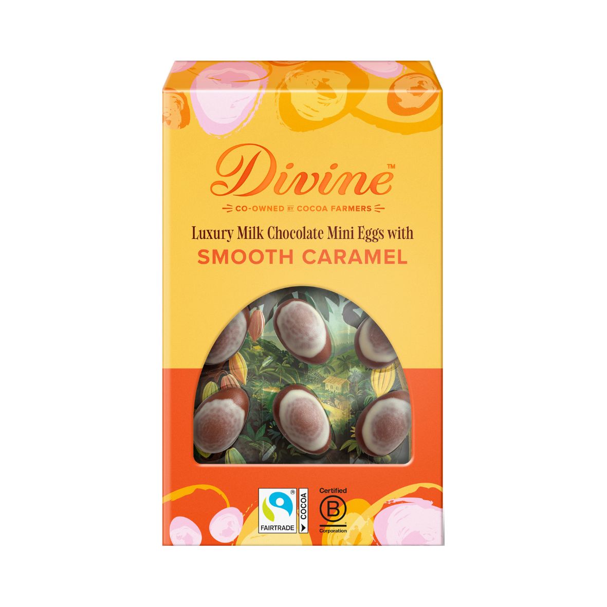 Box of Divine chocolate mini eggs with smooth caramel on a white background