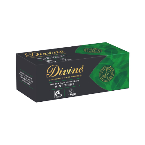 A box of Divine Dark Chocolate Mint Thins, with packaging that indicates the product is vegan, Fairtrade, and palm-oil free.