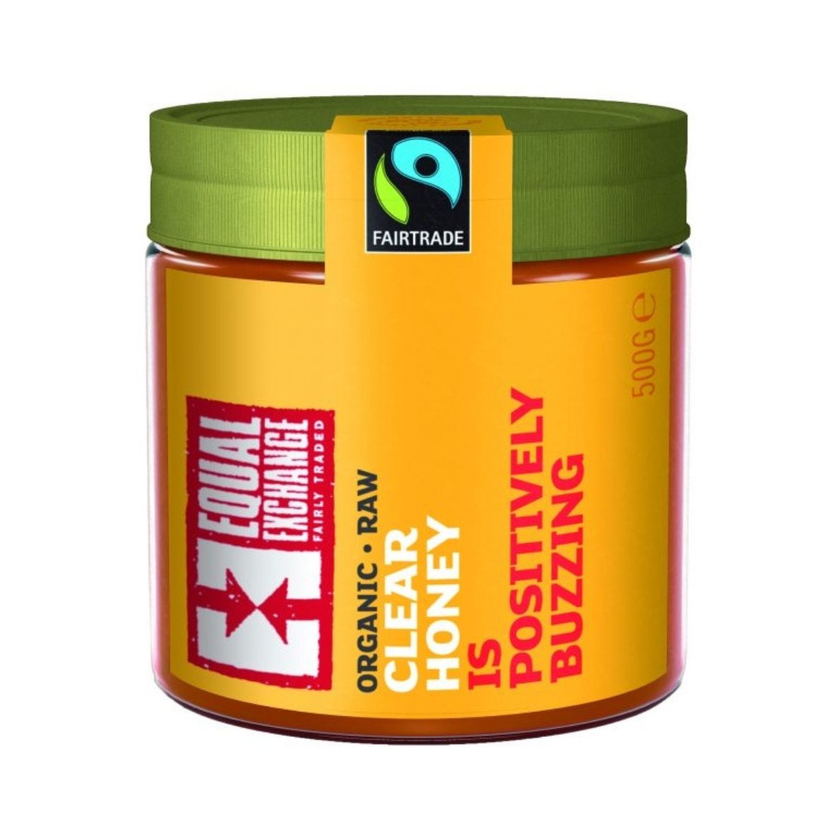 Jar of Equal Exchange organic clear honey with Fairtrade logo on a white background