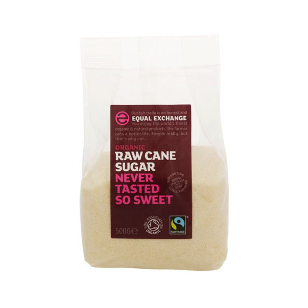 Bag of Equal Exchange organic raw cane sugar on a white background