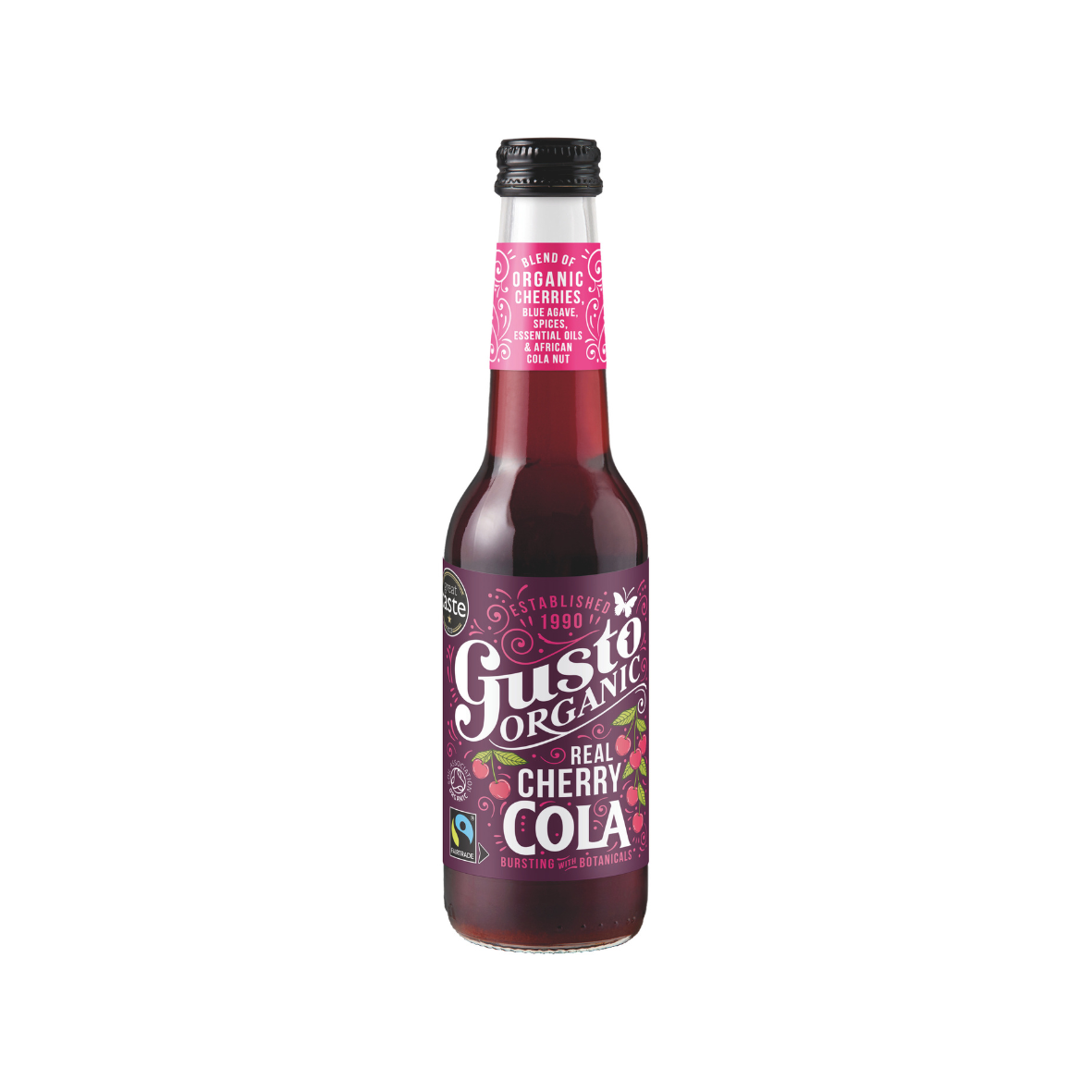 A glass bottle of Gusto Organic Real Cherry Cola with a pink label.