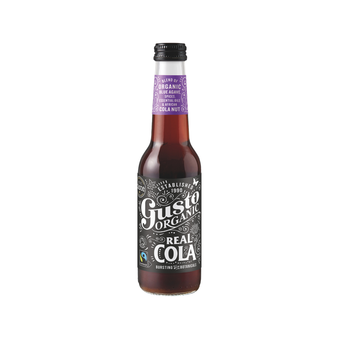 A glass bottle of Gusto Organic Real Cola with a purple label, displaying the product name and organic certification.