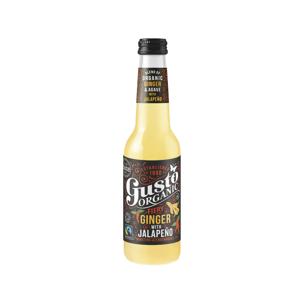 A bottle of Gusto Organic fiery ginger drink with jalapeno flavor.