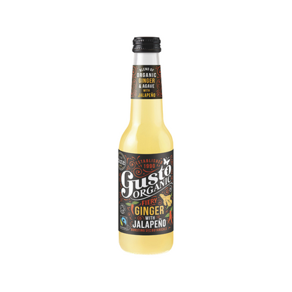 A bottle of Gusto Organic fiery ginger drink with jalapeno flavor.