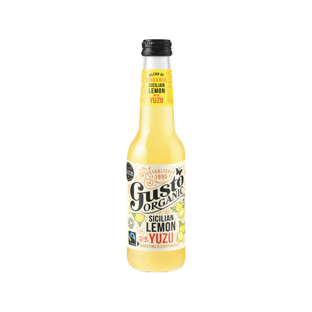 A bottle of Gusto Sicilian Lemon with Yuzu flavored beverage.