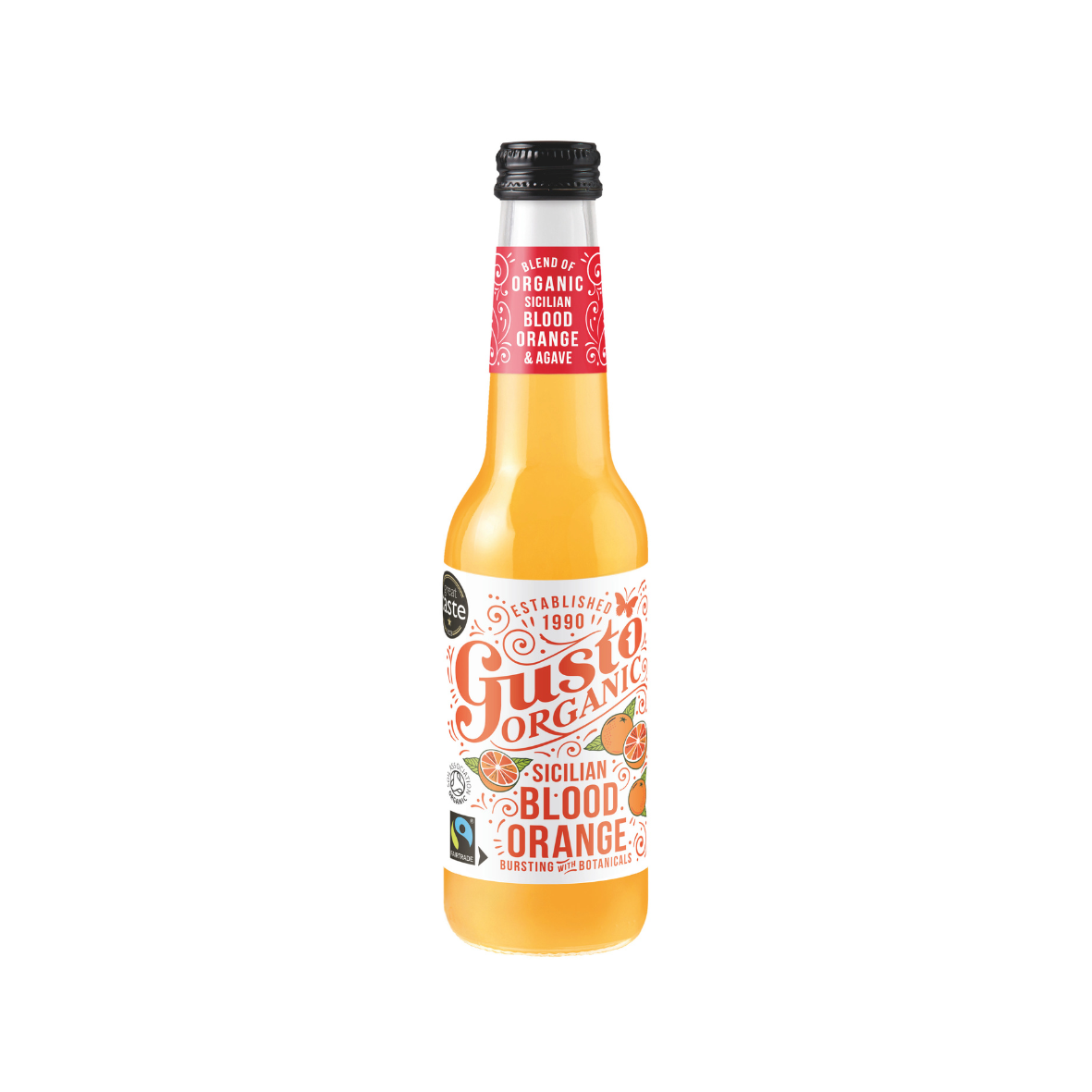 A bottle of Gusto Organic Sicilian Blood Orange sparkling water with a label showing the brand name and the flavor, against a plain white background.