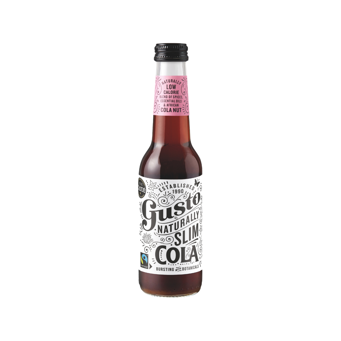 A glass bottle of Gusto Naturally Slim Cola with a label that includes the brand name and the words 'naturally low calorie' and 'fairtrade cola'.