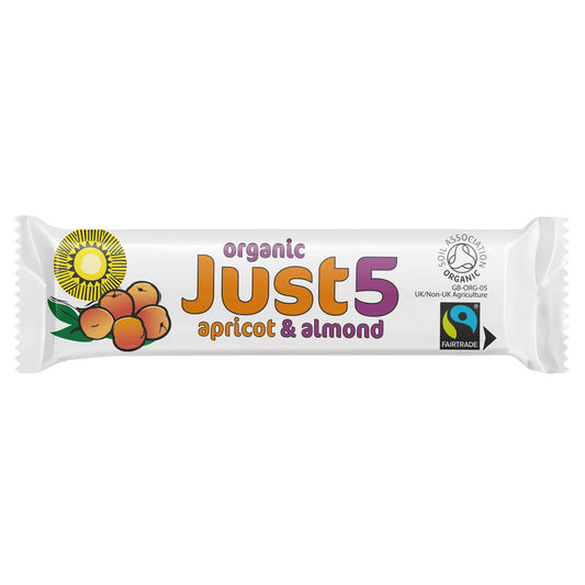 Packaging of Just 5 Fairtrade Organic Apricot & Almond Bar, displaying the product name and images of apricots and almonds.