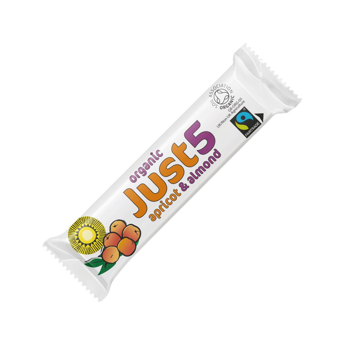 Packaging of Just 5 Fairtrade Organic Apricot & Almond Bar, displaying the product name and images of apricots and almonds.
