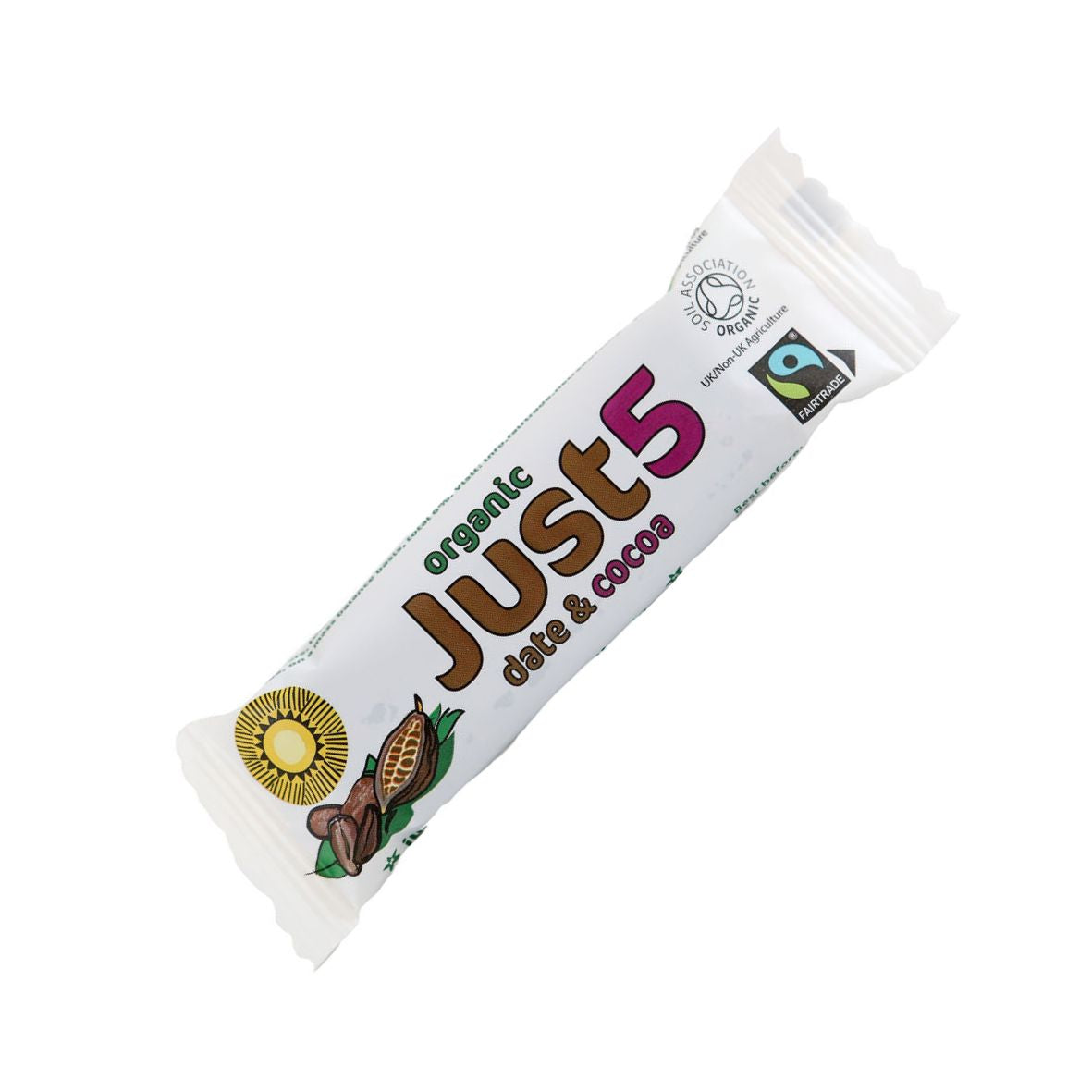 Packaging of Just5 Organic Date & Cocoa Bar showing the brand logo, product name, and icons indicating organic certification.