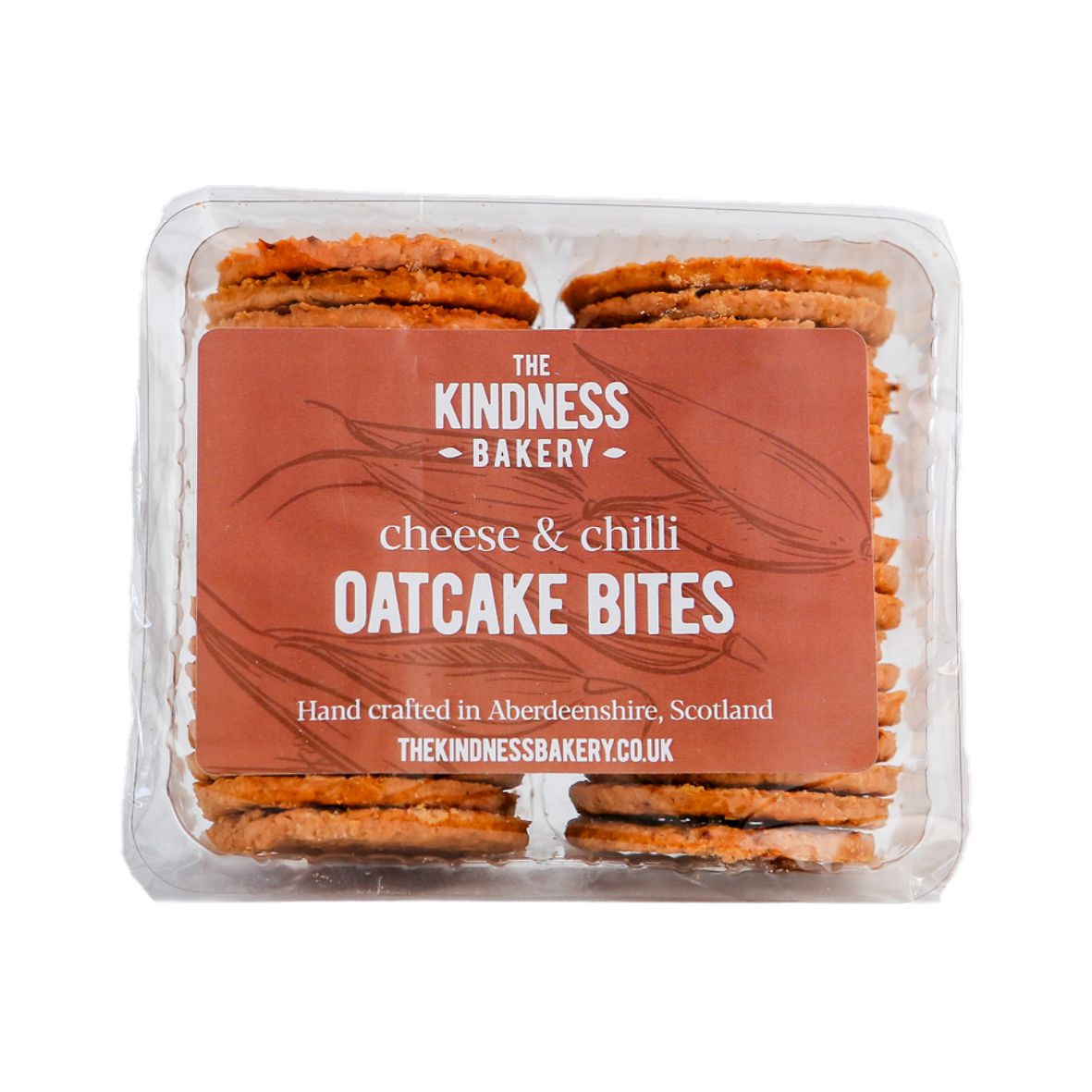 Packaged cheese and chilli oatcake bites from The Kindness Bakery on a white background