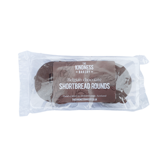 Packaged Belgian chocolate shortbread rounds from The Kindness Bakery on a white background