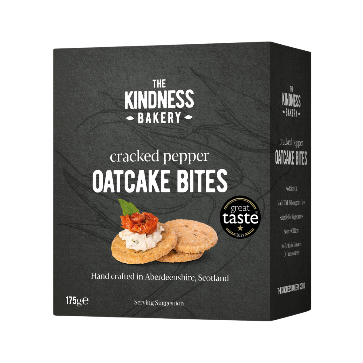 Packaging for Cracked Pepper Oatcake Bites by The Kindness Bakery, showing the product name, weight of 175g, and images of the oatcakes on the front.