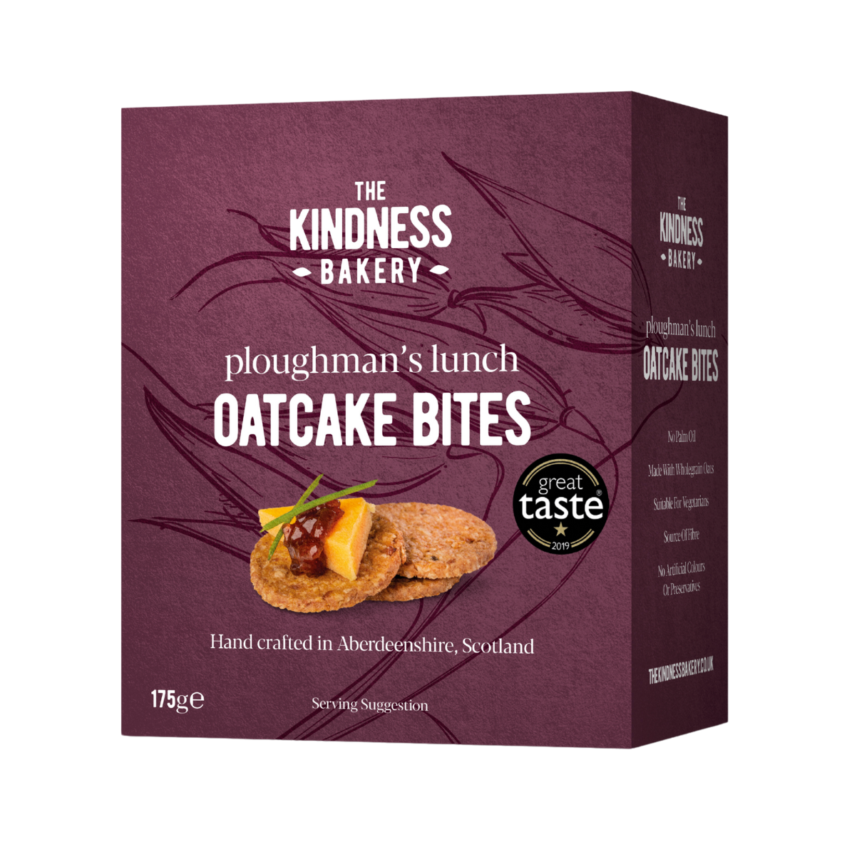 Packaging for Ploughman's Lunch Oatcake Bites by The Kindness Bakery, displaying the product and its name, along with images of the oatcakes.