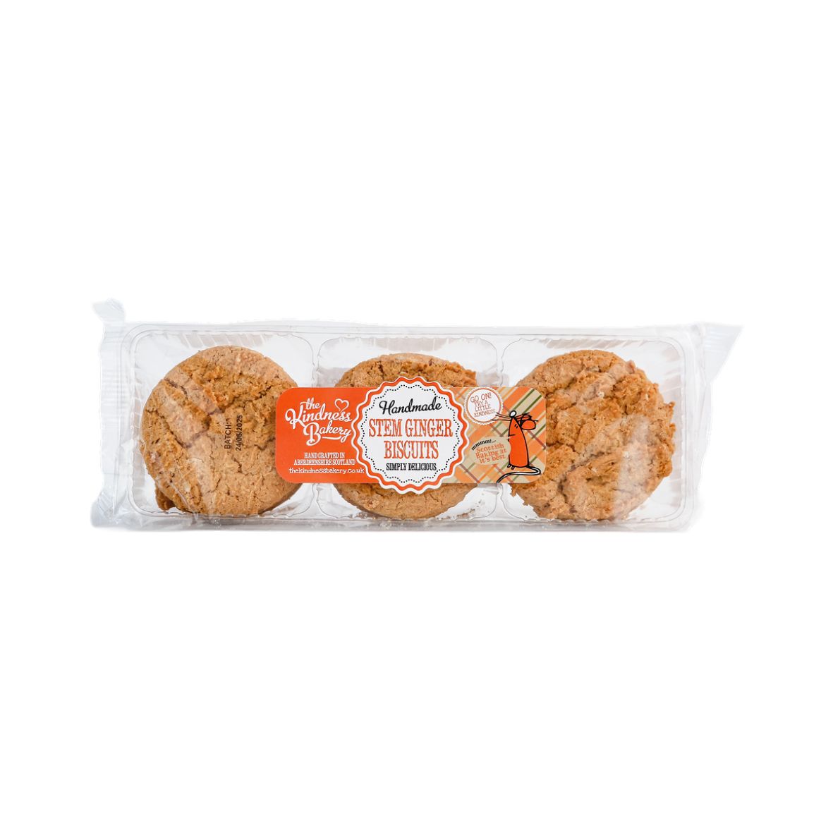 The Kindness Bakery ginger biscuits with a visible brand label on a white background