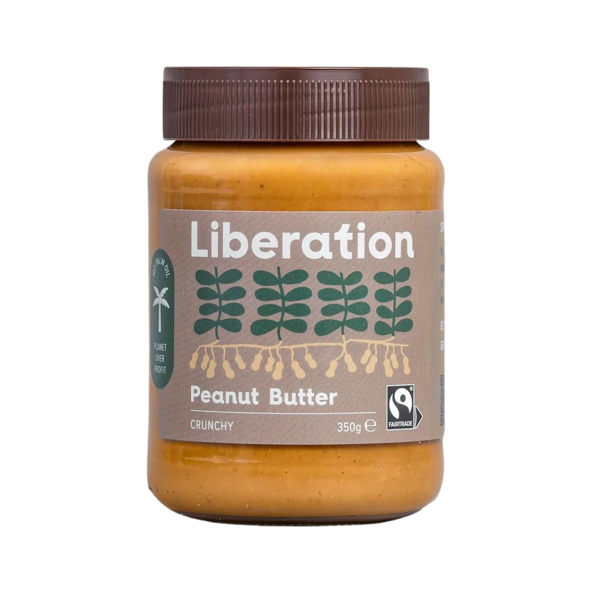 A jar of Liberation Foods Fairtrade Peanut Butter, crunchy type, with a label showing the brand name and a graphic of peanuts. The jar size is 350g.