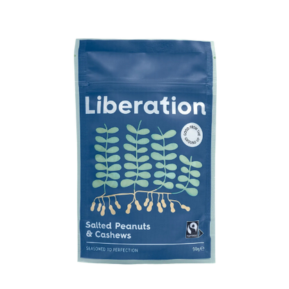 A packaged product labeled 'Liberation' featuring salted peanuts and cashews in a blue bag with a green leaf design.