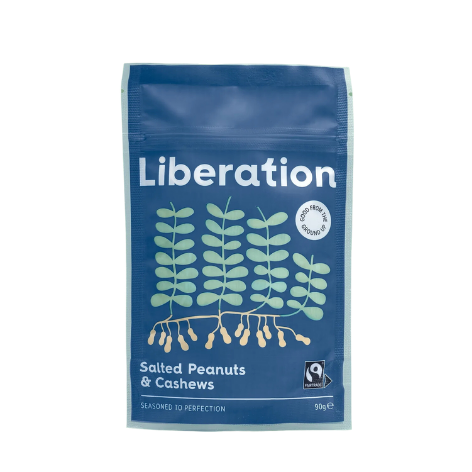 A packaged product labeled 'Liberation' featuring salted peanuts and cashews in a blue bag with a green leaf design.