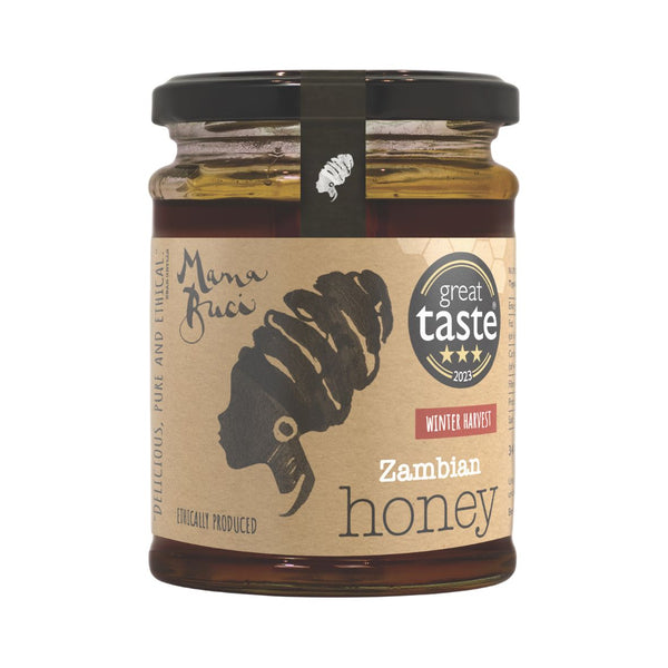 Jar of Mama Buci Winter Harvest Honey with 2023, 3 Star, Great Taste logo on a white background.