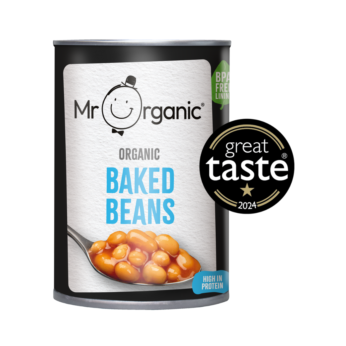 A can of Mr Organic Baked Beans with a label showing the product name and a spoonful of baked beans. There is also a 'Great Taste Award 2024' badge displayed.