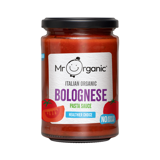 A jar of Mr Organic Bolognese Pasta Sauce with the label showing a picture of a tomato and text detailing the product type and brand.
