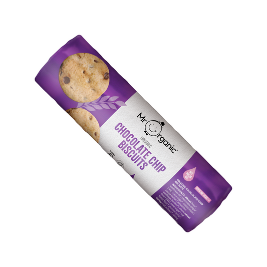 A packaged product of Mr Organic Chocolate Chip Biscuits, with the visible image of a golden-brown biscuit with chocolate chips on it.