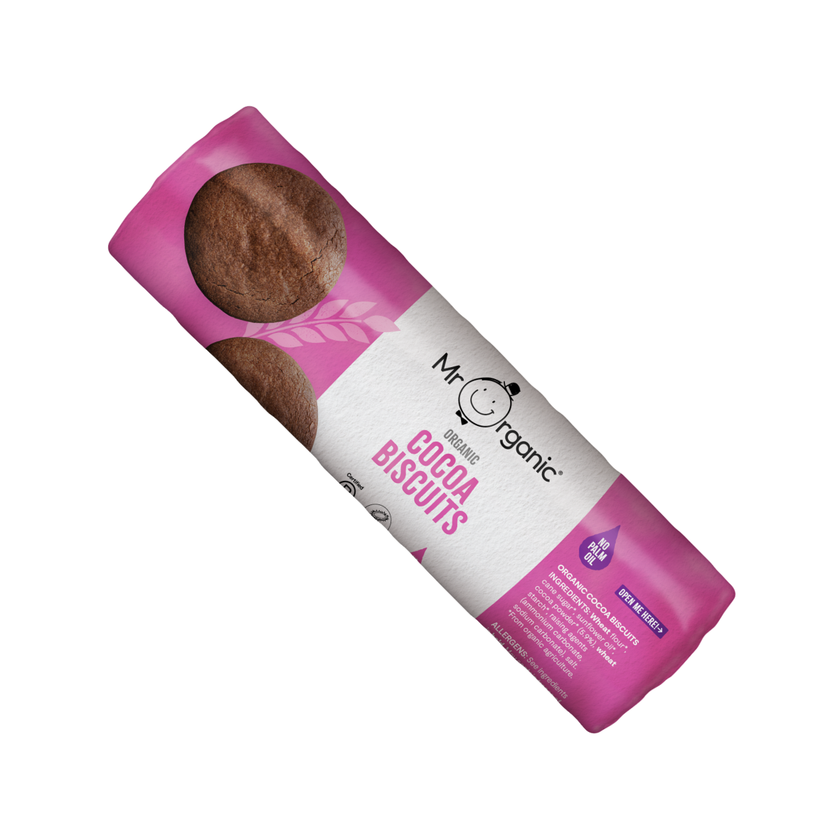 A package of Mr Organic Cocoa Biscuits, showing the biscuits and the brand's logo and certification marks.