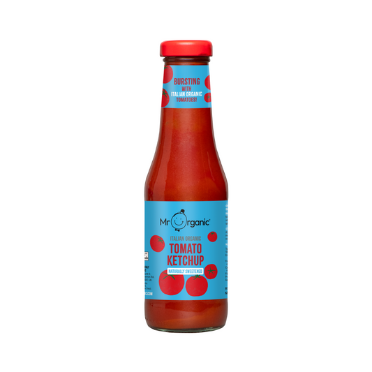 A glass bottle of Mr Organic Tomato Ketchup with a red label and cap, against a white background.