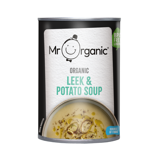 A can of Mr Organic Leek & Potato Soup with the label showing the product name and an image of the soup inside.