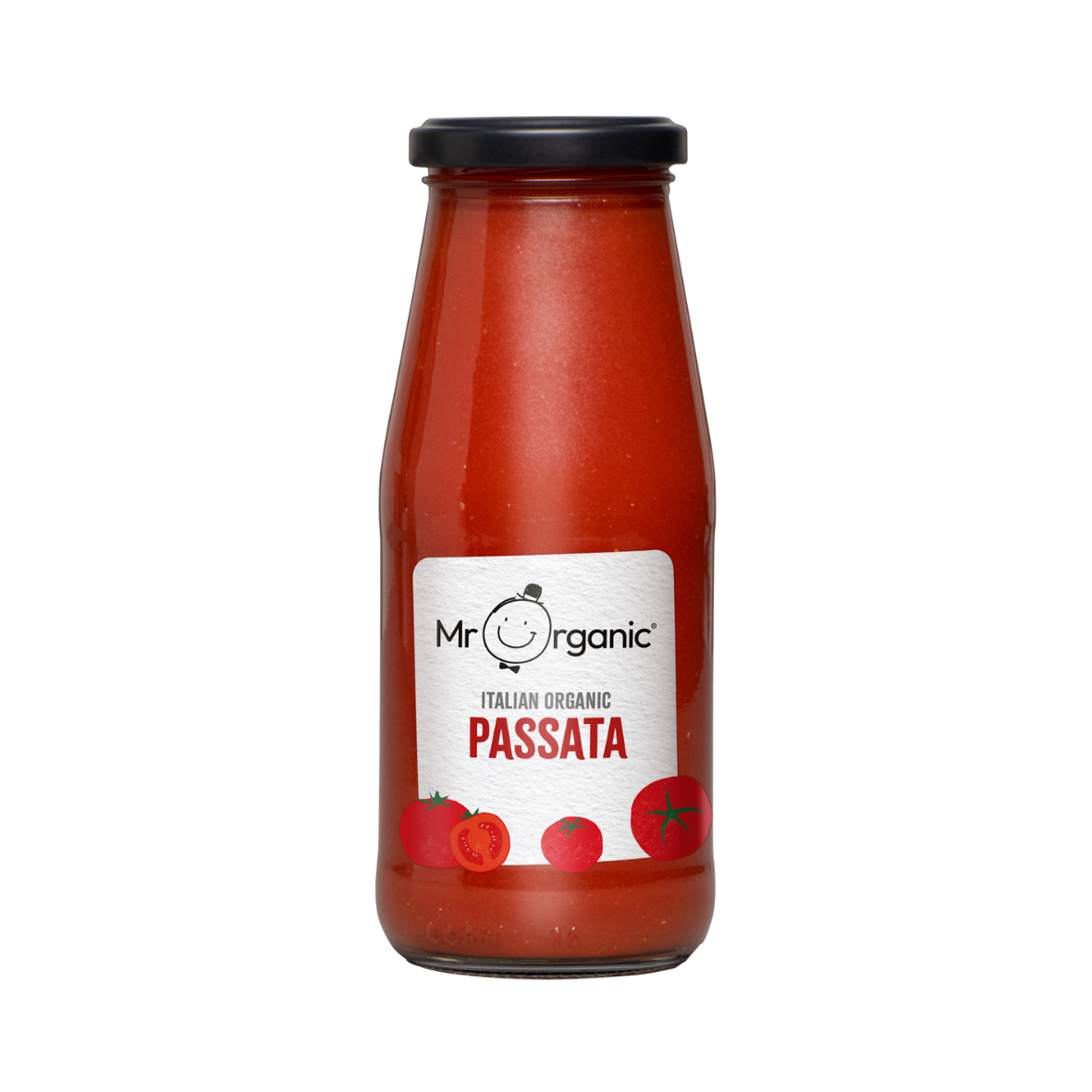 A glass jar of Mr Organic Italian Organic Passata, showing a red puree inside and labeled with the brand and product name.
