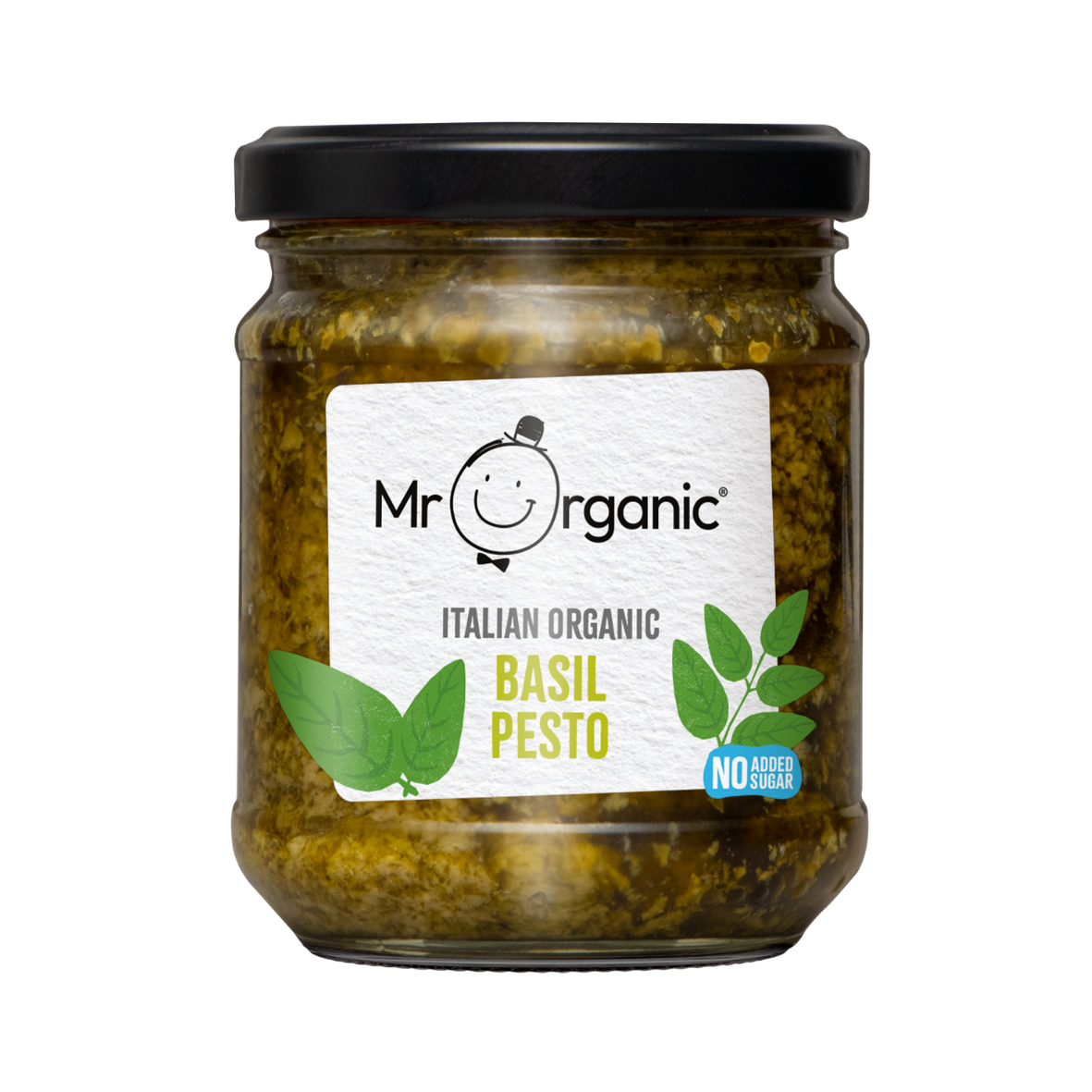 A jar of Mr Organic Italian Organic Basil Pesto. The label shows the brand name, product name, and an illustration of basil leaves.