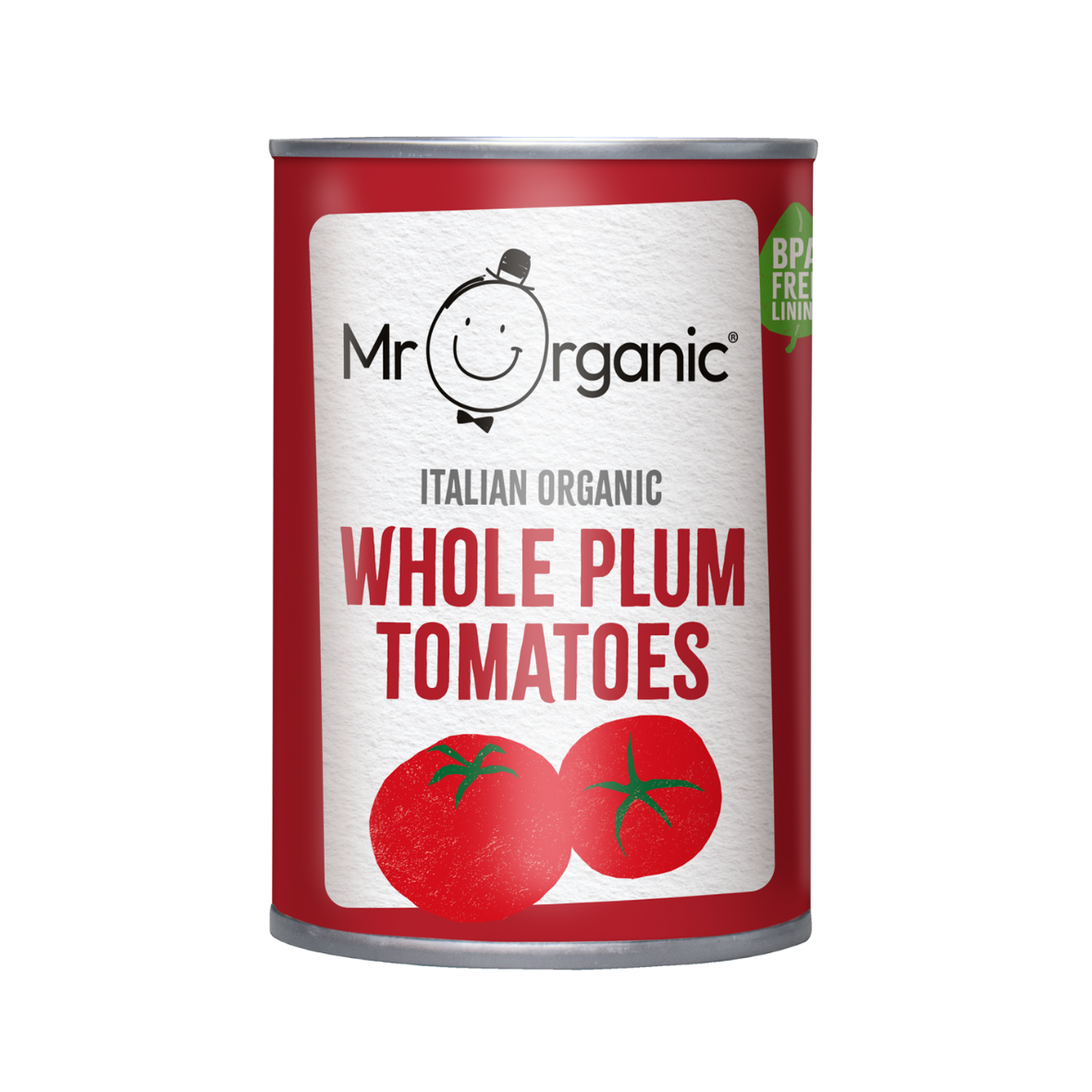 A can of Mr Organic Italian Organic Whole Plum Tomatoes, with a red label and two tomatoes depicted on it.