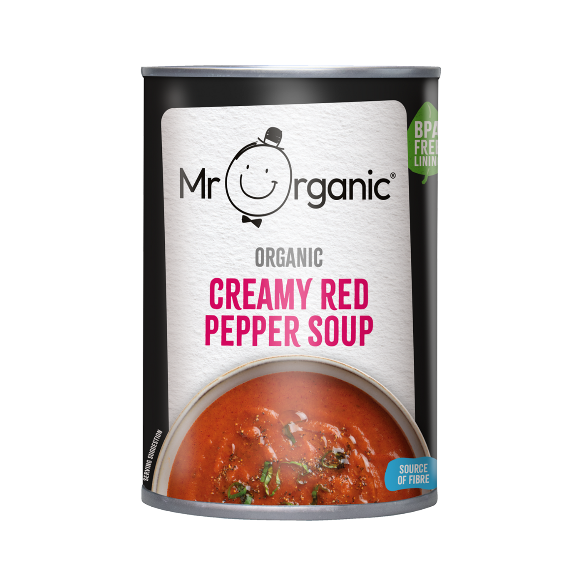 A can of Mr Organic Creamy Red Pepper Soup with a clear image of the soup and red pepper pieces on the label.