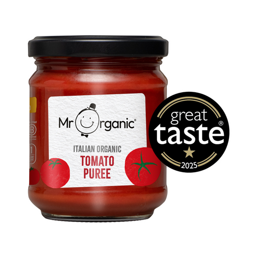 Jar of Mr Organic Italian Organic Tomato Puree with Great Taste award on a white background