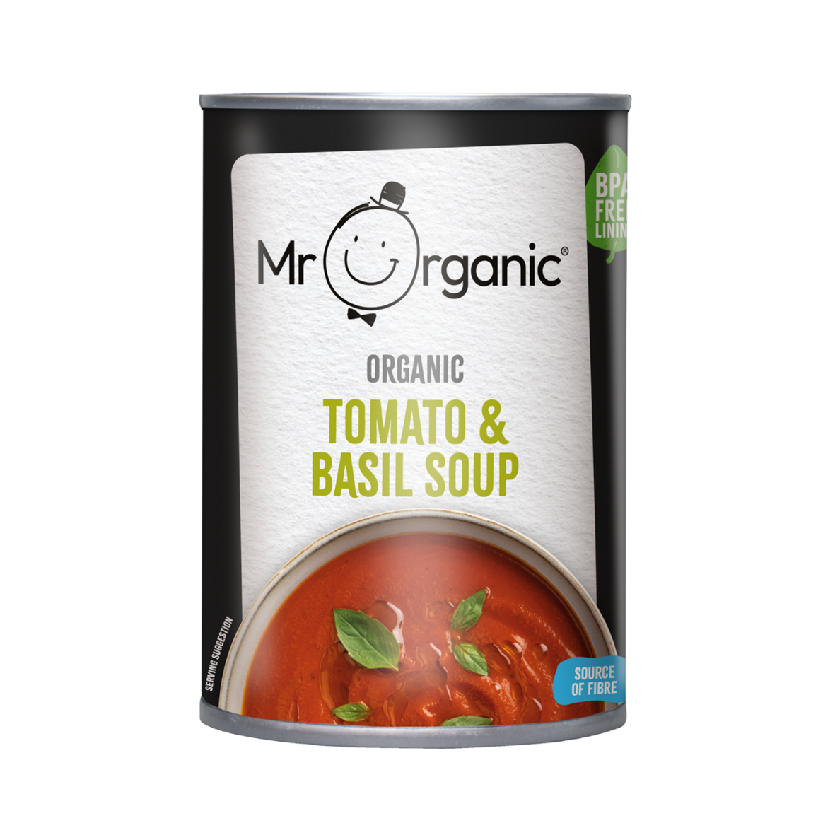 A can of Mr Organic Tomato & Basil Soup with a clear label showing the product name and a picture of the soup with basil leaves on the surface.