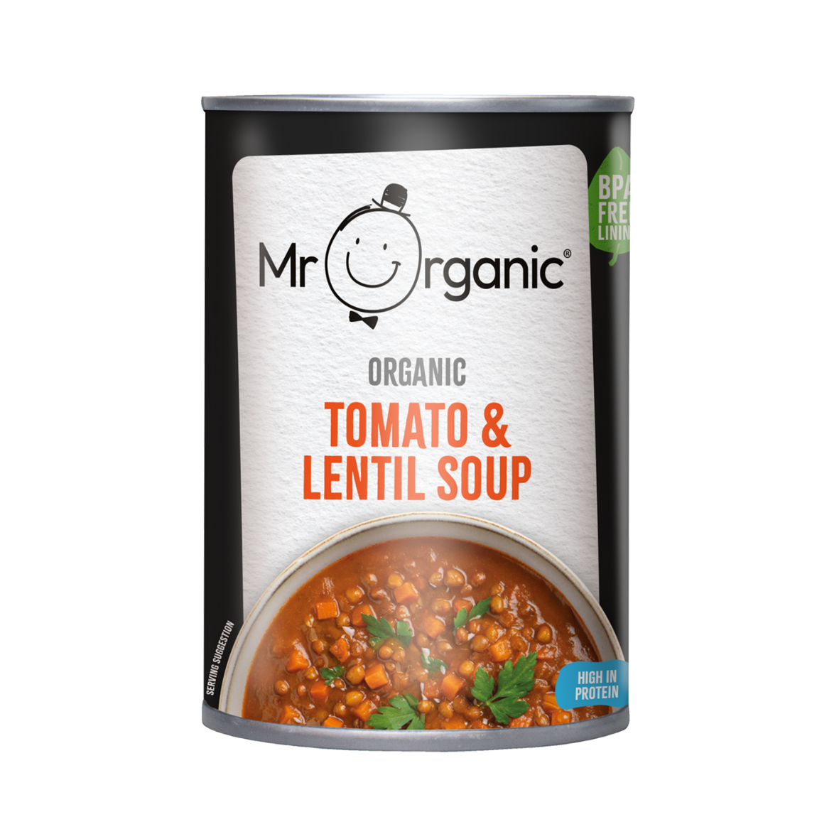 A can of Mr Organic Tomato & Lentil Soup showing the product name and an image of the soup with tomatoes and lentils.