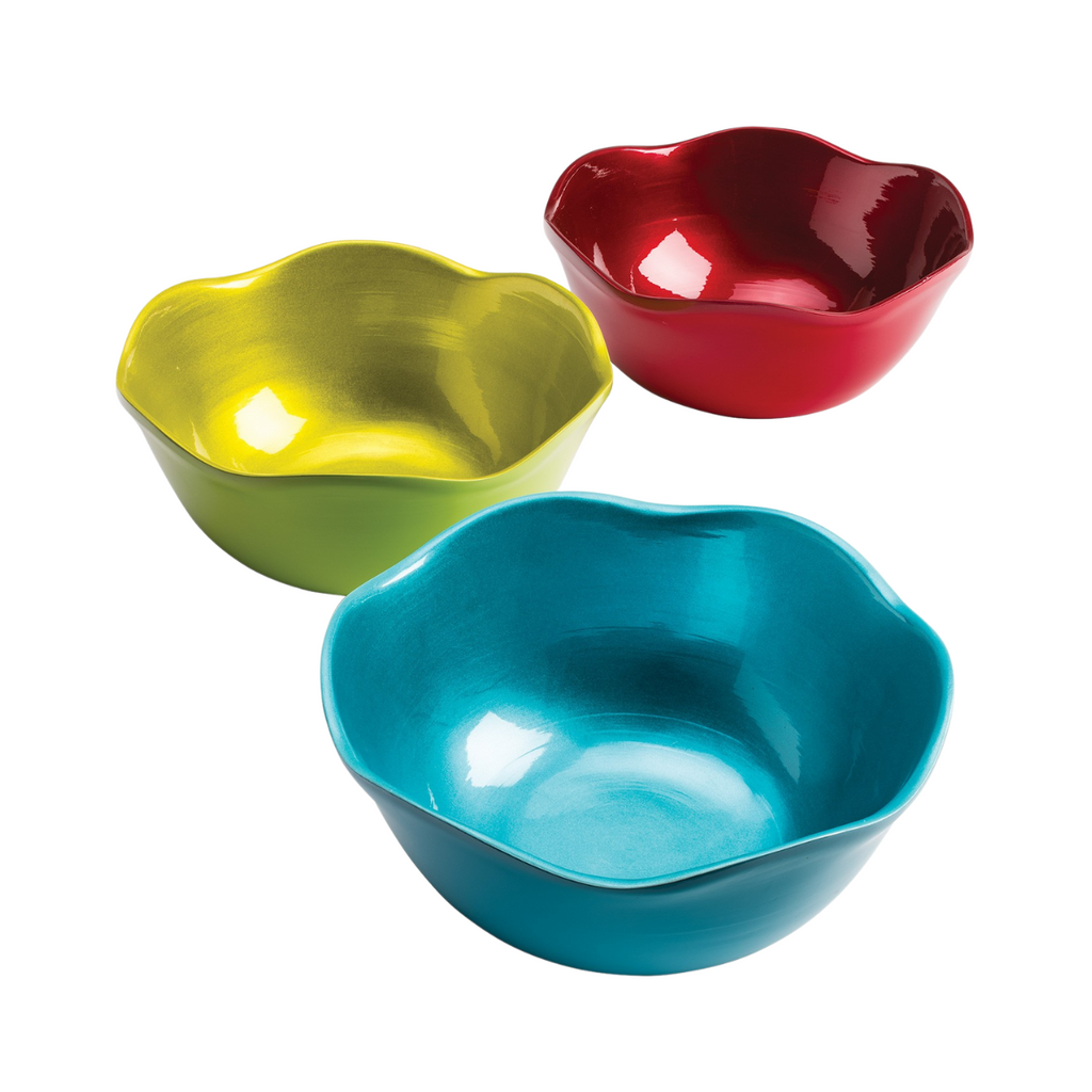 A set of three lacquer spun bamboo waves salad bowls in green, red, and blue colours.