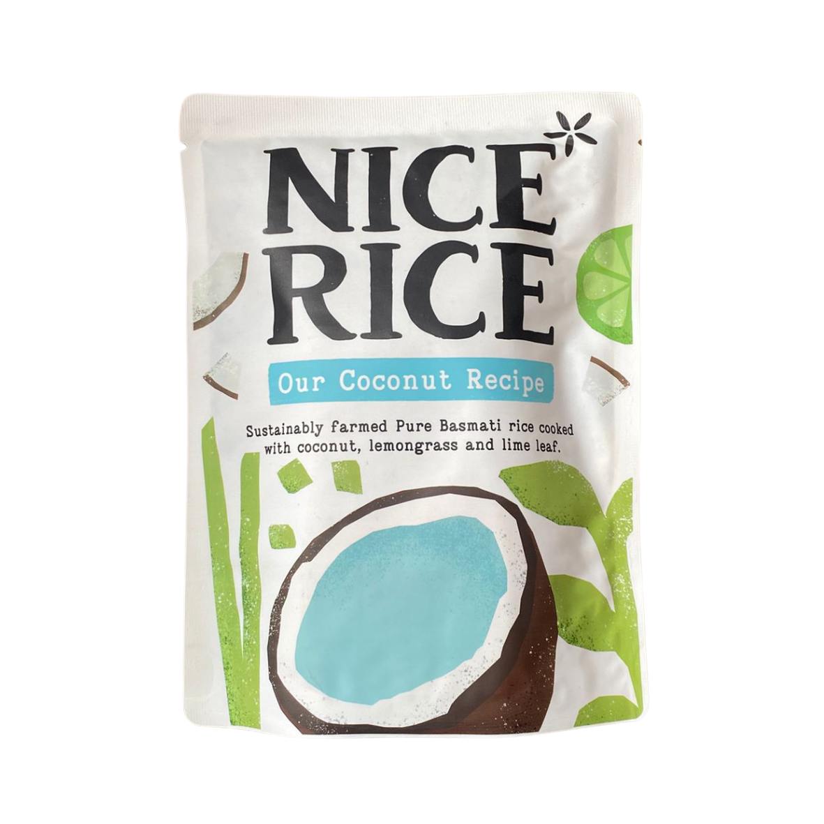 Nice Rice's Coconut Rice package with coconut and leaf design on a white background.