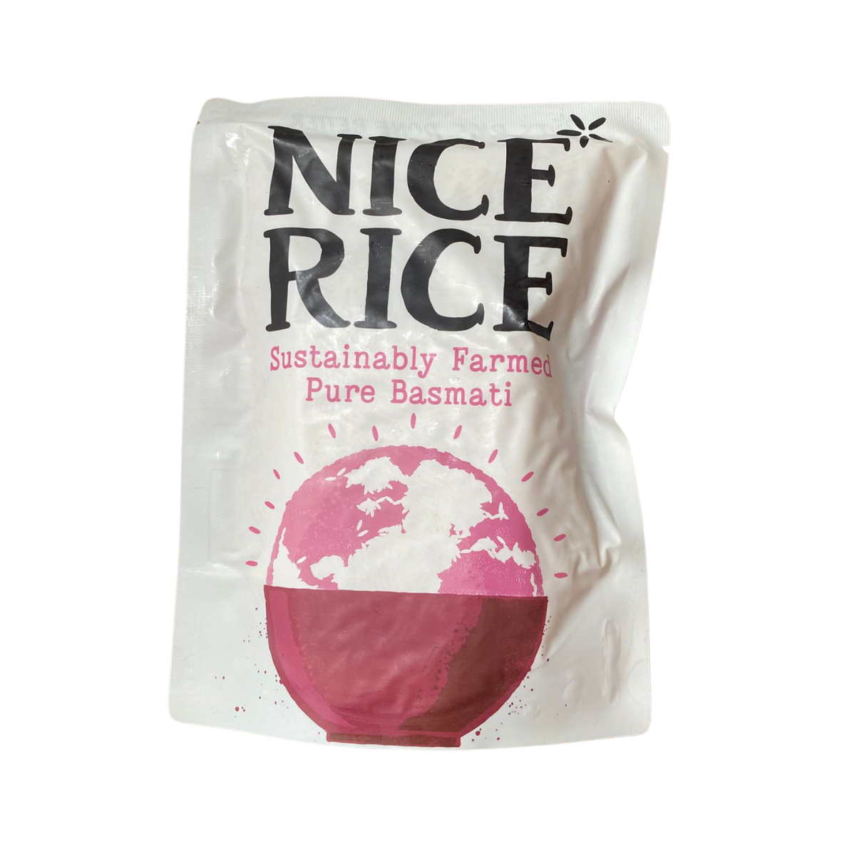 Bag of Pure Basmati Rice by Nice Rice with a pink and white design on a white background.