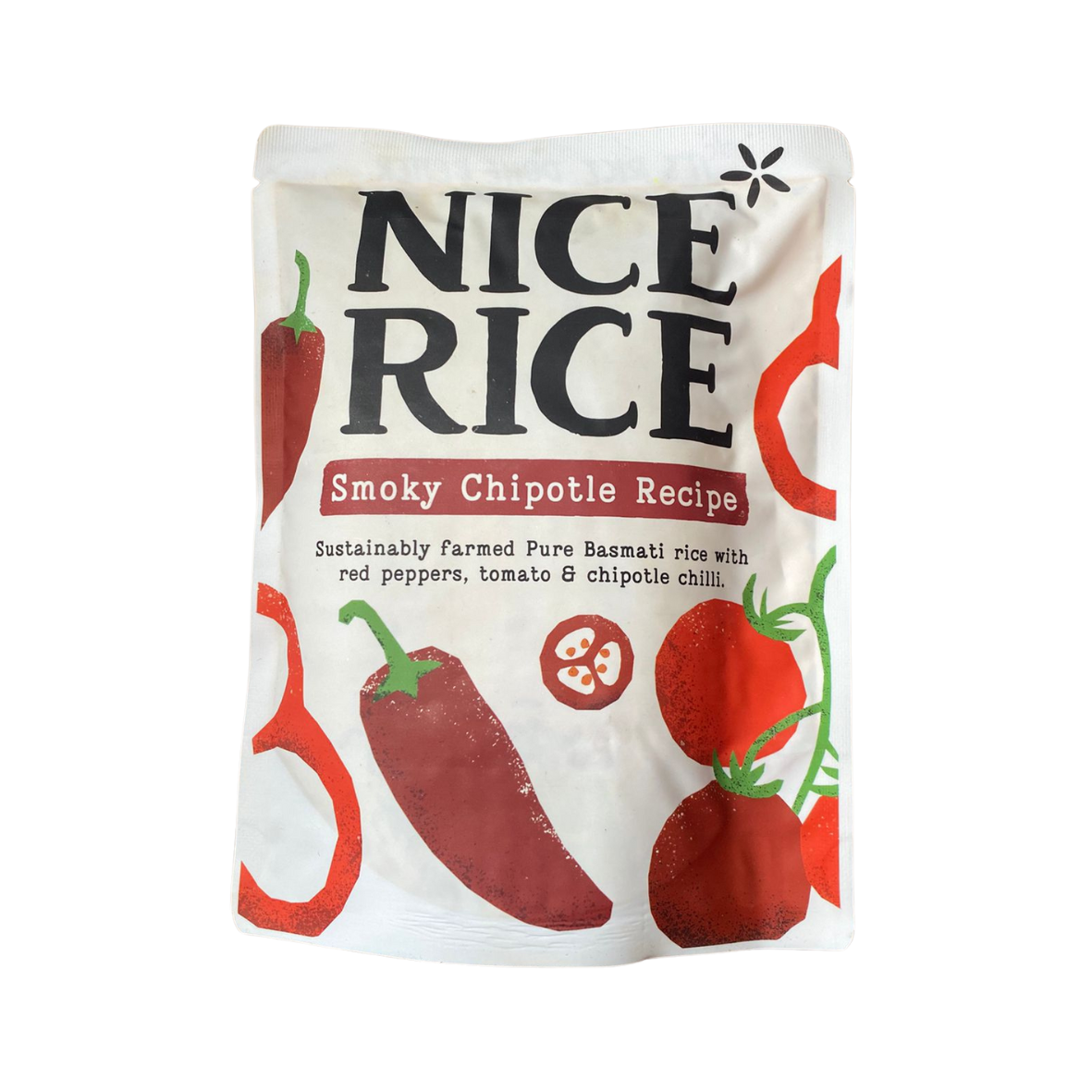 Bag of Smoky Chipotle Basmati Rice by Nice Rice with a red, green and white, fruit design on a white background.